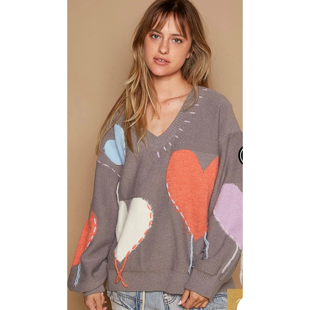 POL Heart Patch Oversized V-Neck Sweater Grey Multi YST341A Large